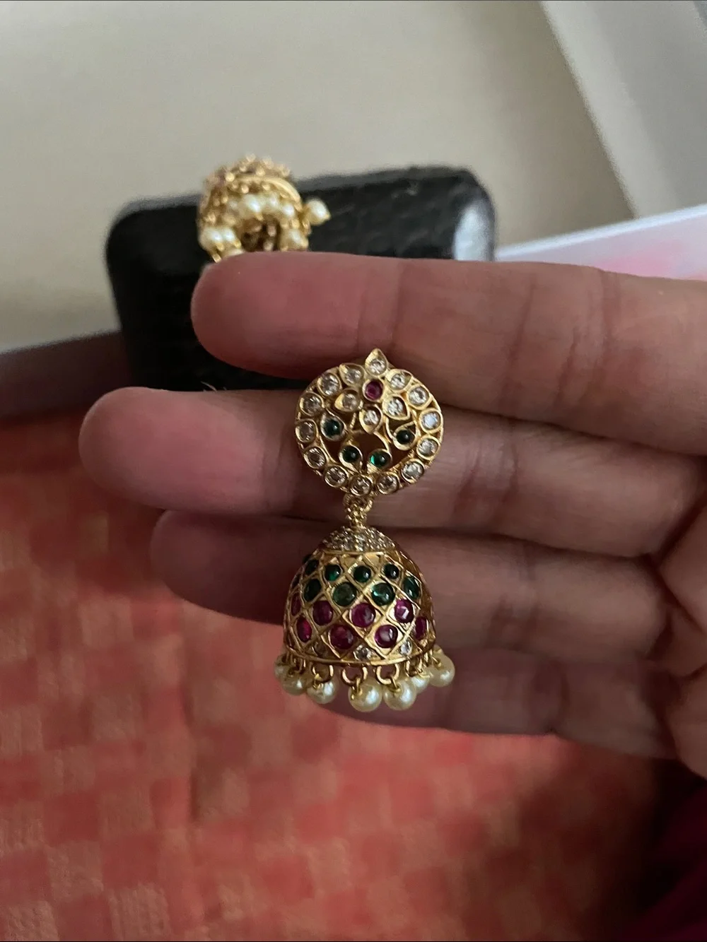Gold Jhumka Earrings with Pink and Green Stones and Pearl Fringe